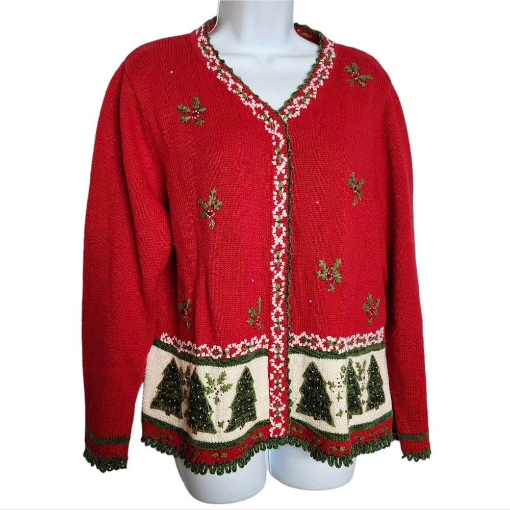 Vintage Christmas Tree Cardigan Snap Button Sweater Red Knit Embroidered Size M